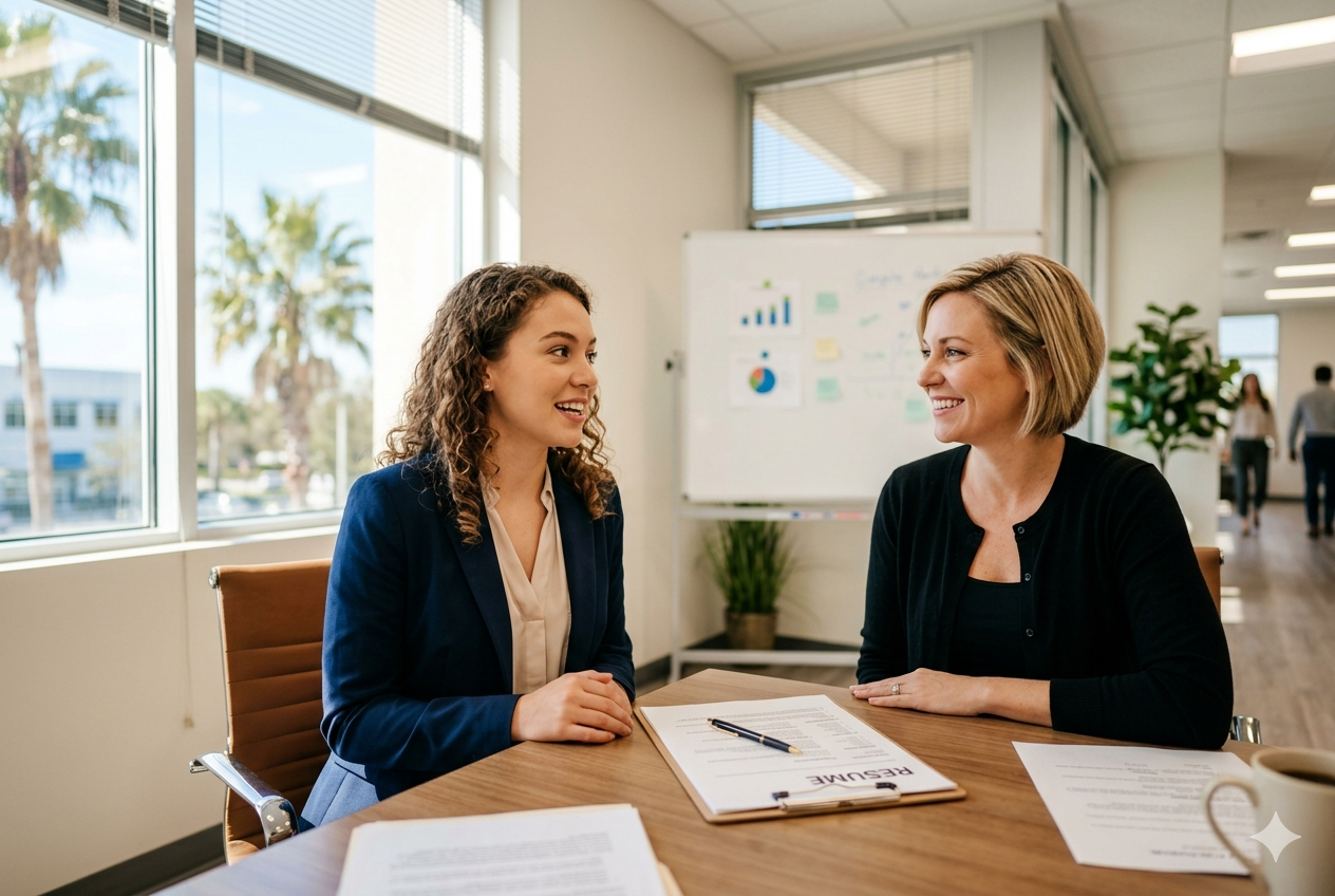 Job seeker discussing opportunities with recruiter