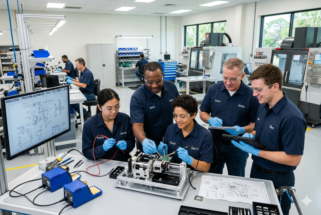 Skilled workforce team in a light industrial setting